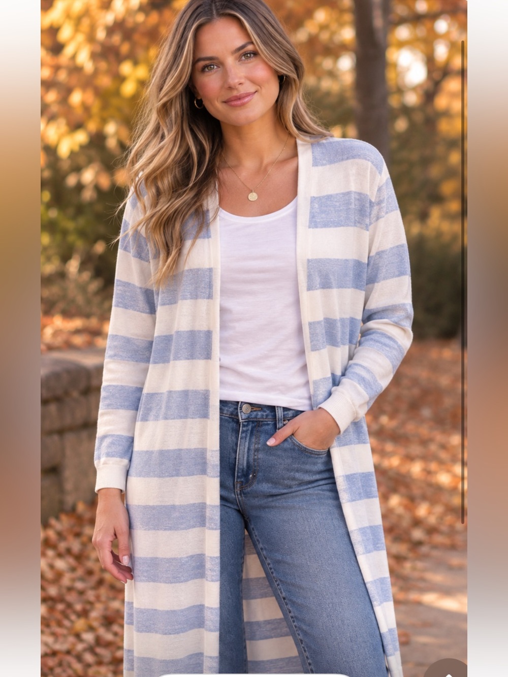 Talbots SZ Small -White and Light Blue Striped Long Open Cardigan